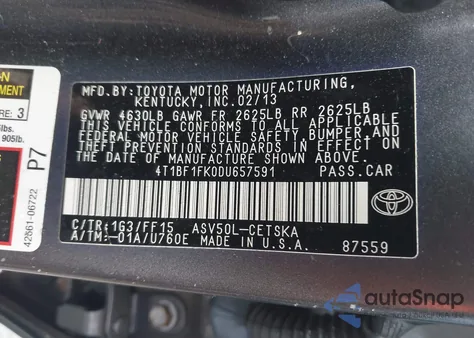 2013 Toyota Camry Se from USA, damaged, VIN 4T1BF1FK0DU657591